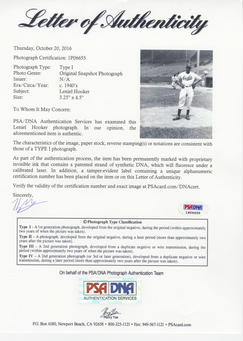 Leniel Hooker Newark Eagles Negro League Baseball Original TYPE 1 photo PSA/DNA LOA