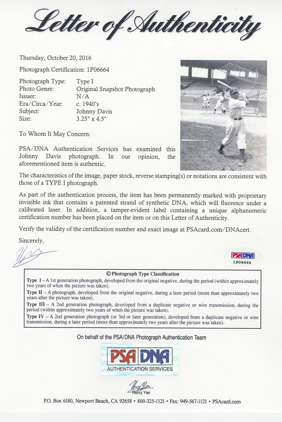 Johnny Davis Newark Eagles Negro League Baseball Original TYPE 1 photo PSA/DNA LOA