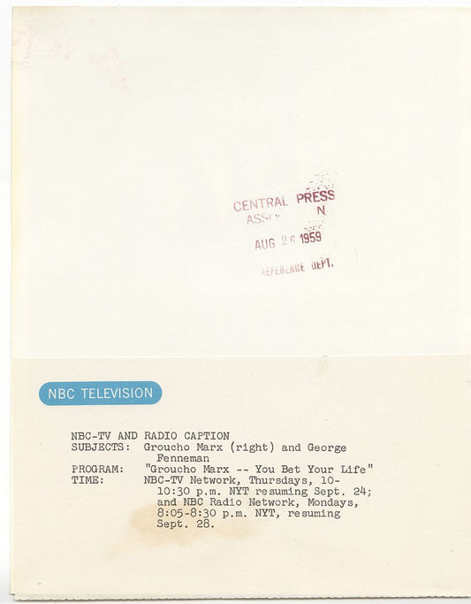Groucho Marx & George Fenneman You Bet Your Life Original TYPE 1 Original 1959 Photo