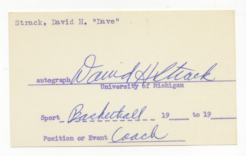 Dave David Strack Signed AUTO 3x5 index information card Michigan Basketball Coach Kautskys