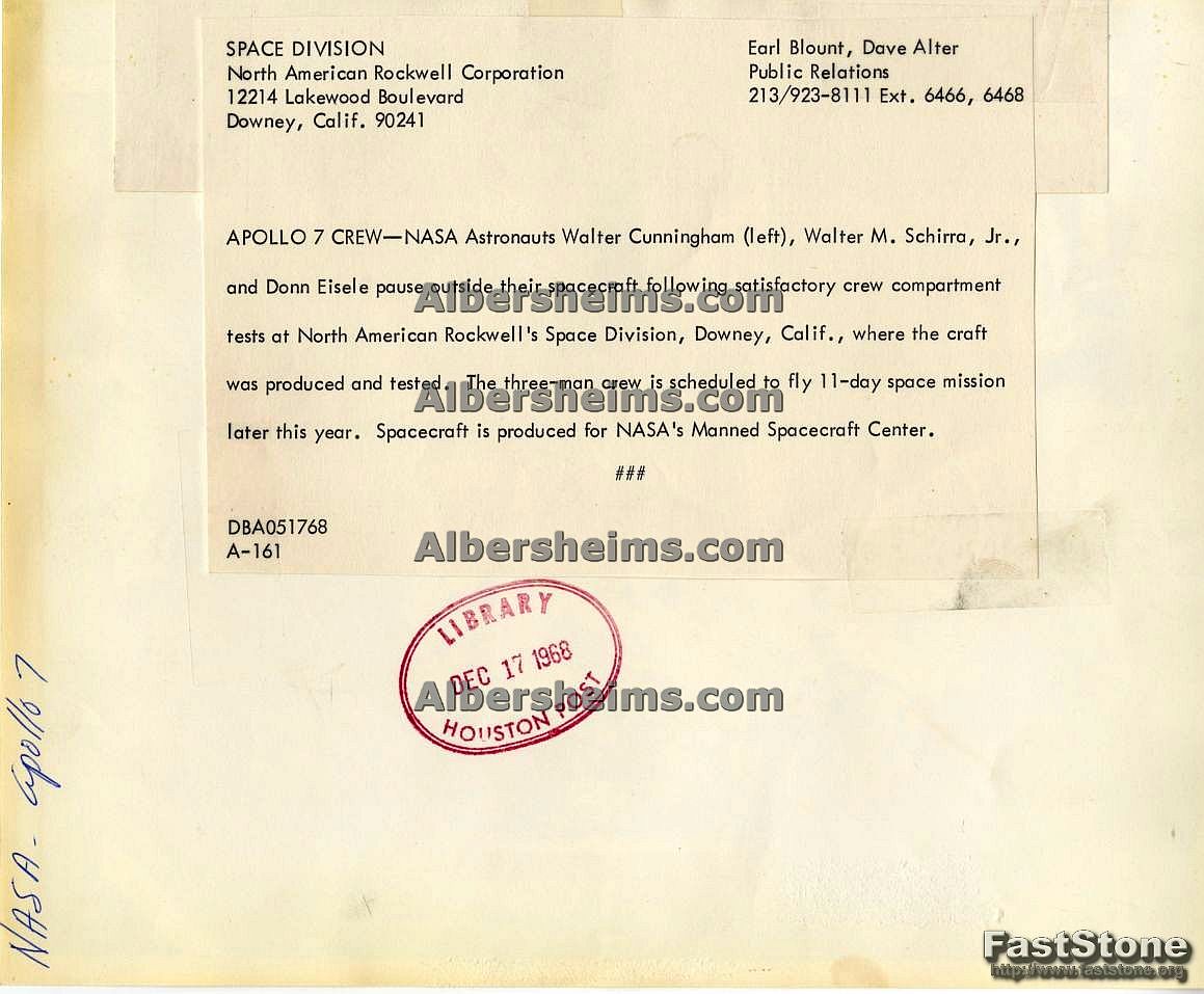 Apollo 7 Crew - Walt Cunningham Wally Schirra & Donn Eisele Original 1968 TYPE 1 Photo