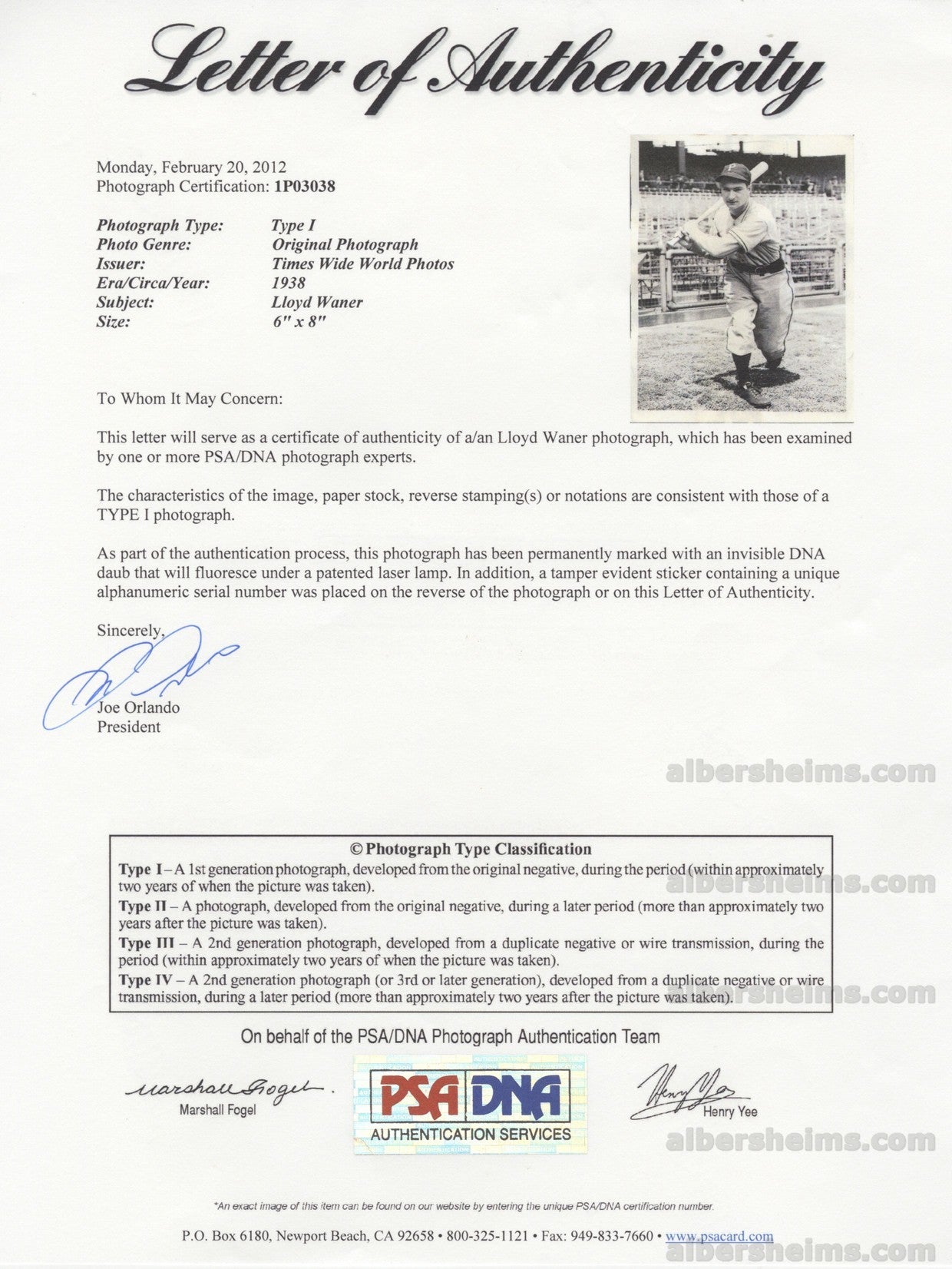 1938 Lloyd Waner Pittsburgh Pirates HOFer Original TYPE 1 photo PSA LOA