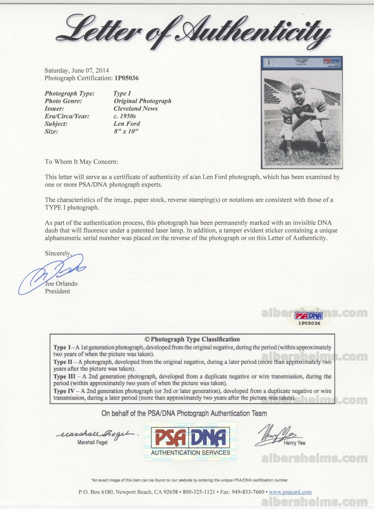 1950 Cleveland Browns Future Pro Football HOFer - Len Ford Original TYPE 1 photo PSA LOA