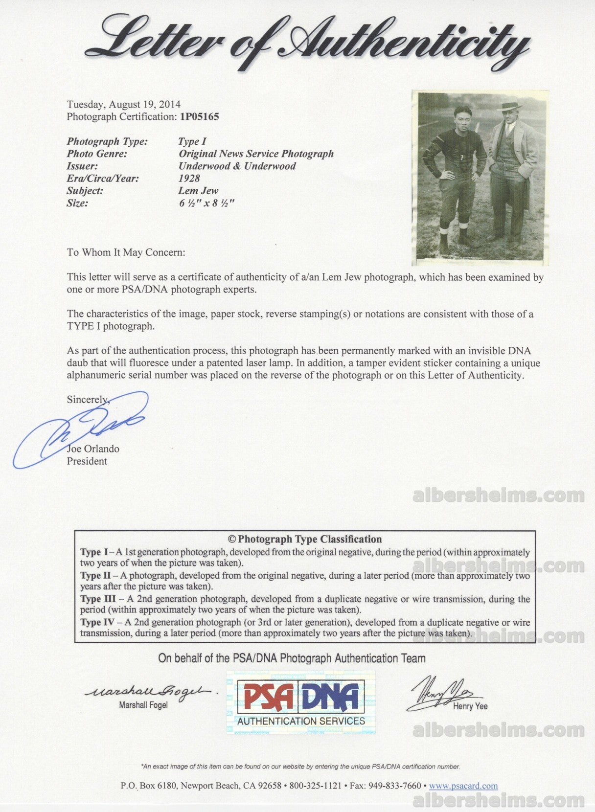 Lem Jew Chinese College Football Star 1928 Original TYPE 1 photo PSA/DNA LOA