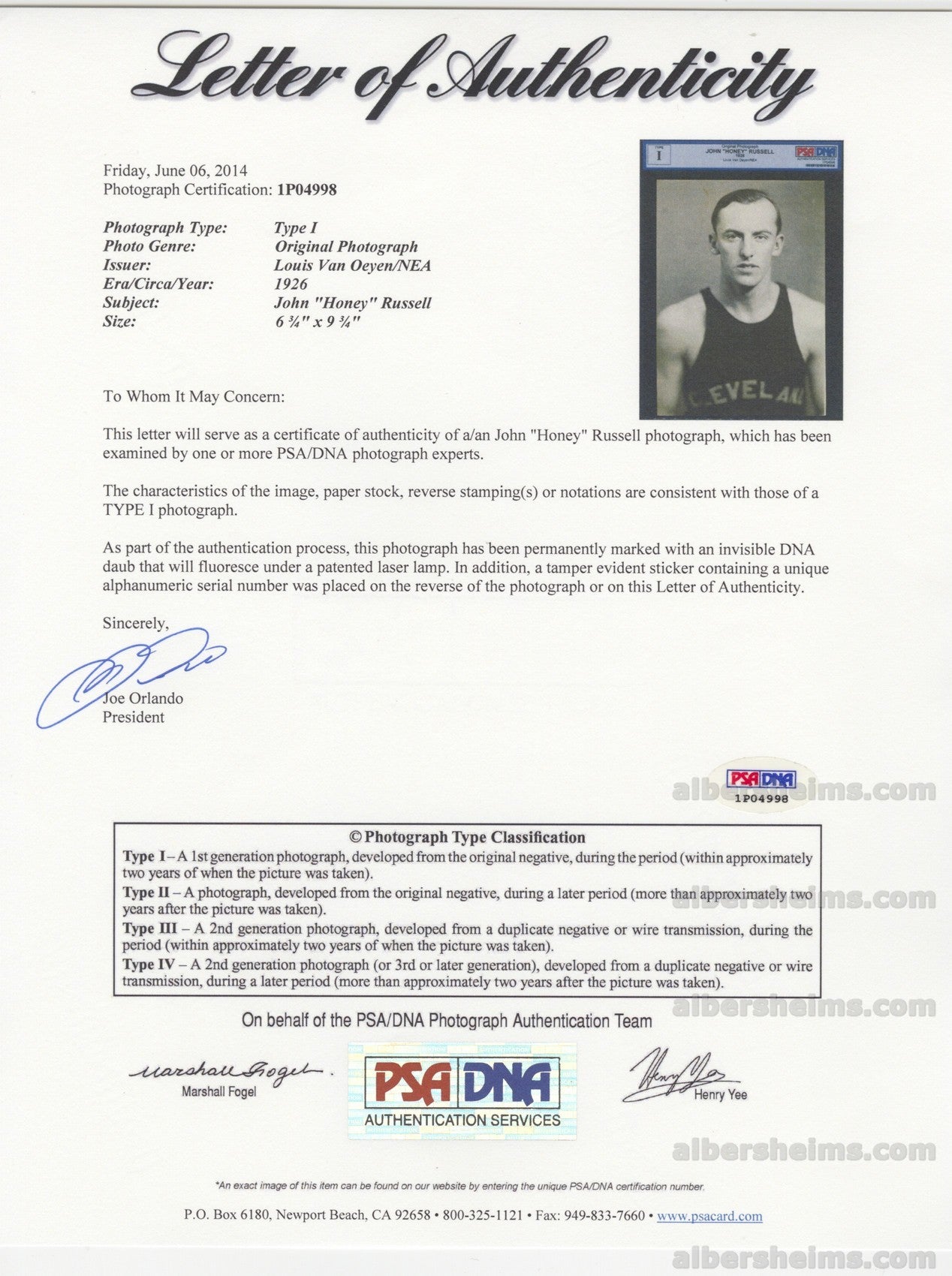 1926 John Honey Russell Basketball HOF Original TYPE 1 Photo by Louis Van Oeyen PSA/DNA LOA