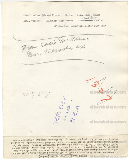 1933 Basketball HOFer - Ed Moose Krause Notre Dame TYPE 1 Photo PSA/DNA LOA