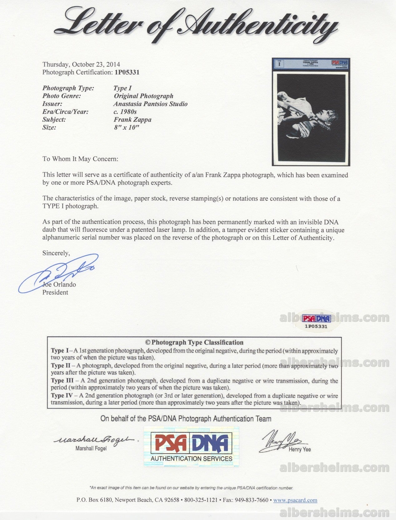 Frank Zappa Mothers of Invention Original TYPE 1 photo PSA/DNA LOA