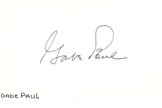 Gabe Paul Signed AUTO 3x5 index card