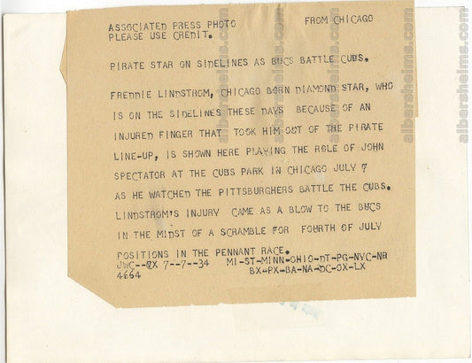 1934 Freddie Lindstrom Baseball HOFer Sidelined by Pirates Original TYPE 1 Photo PSA/DNA LOA