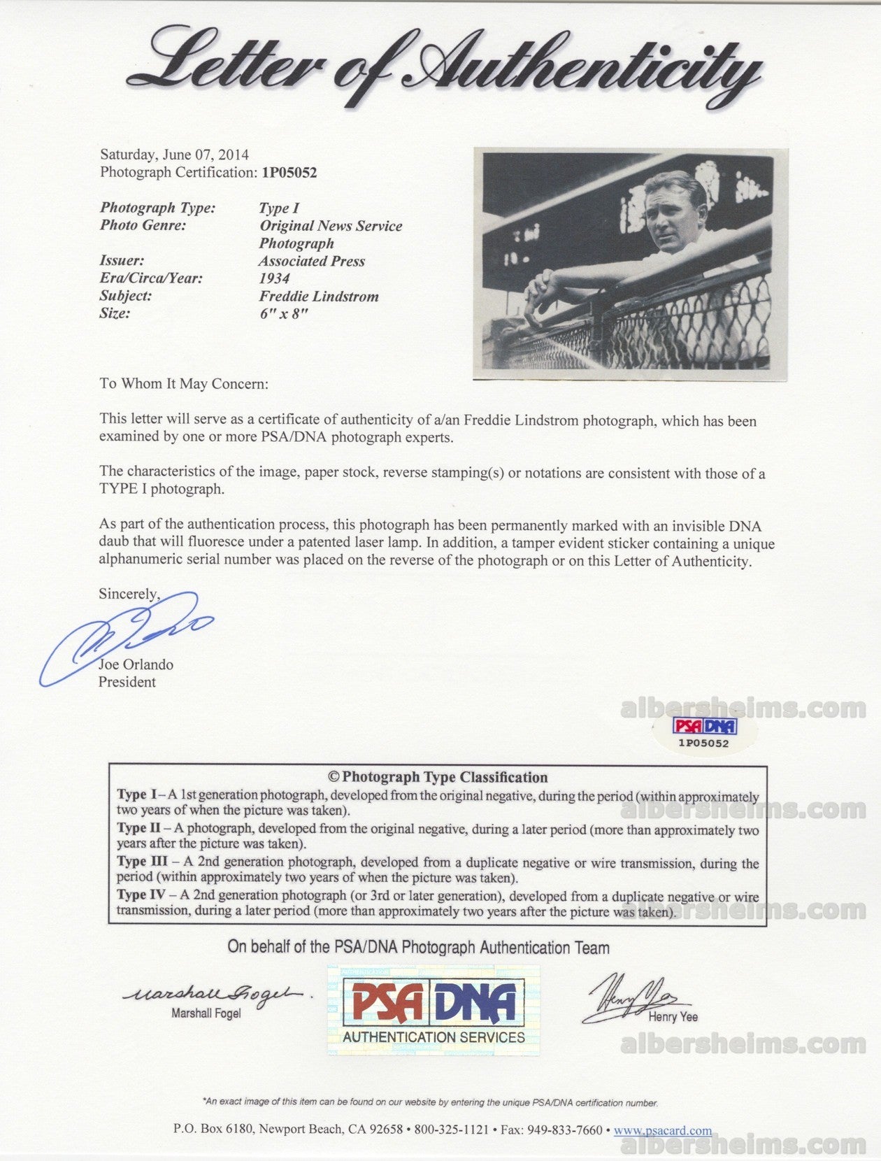 1934 Freddie Lindstrom Baseball HOFer Sidelined by Pirates Original TYPE 1 Photo PSA/DNA LOA