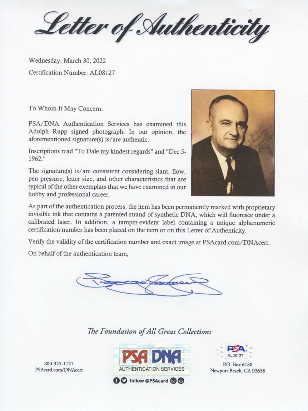 Adolph Rupp Signed AUTO 8x10 photo Kentucky Basketball HOF PSA/DNA LOA