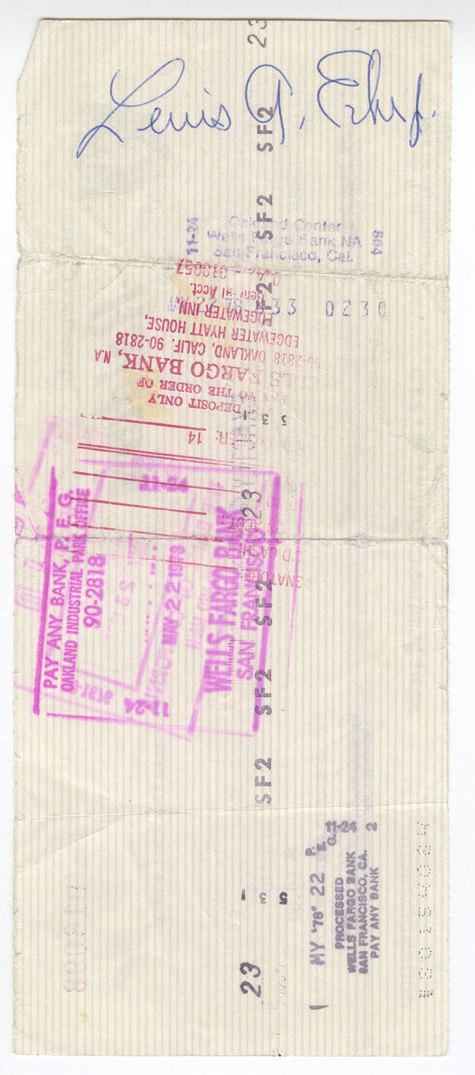 Lew Erber (D. 1990) Signed AUTO 1978 Oakland Raiders payroll Check