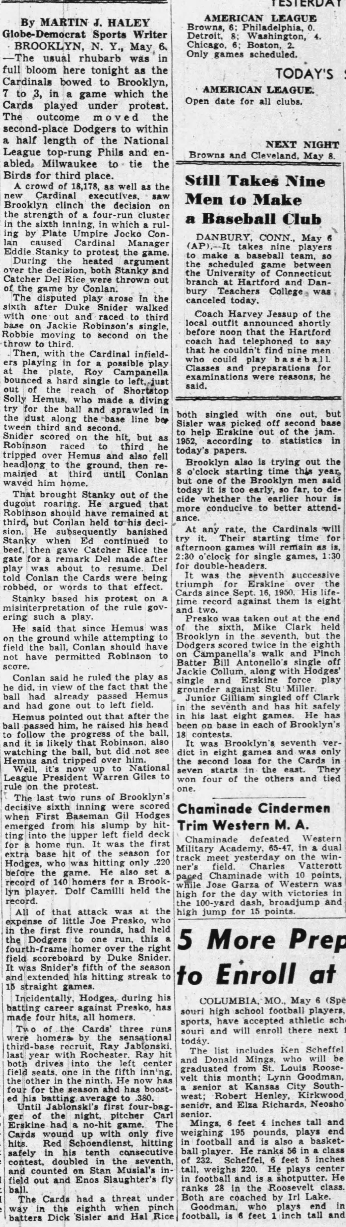 May 6, 1953 Brooklyn Dodgers vs. Cardinals Ticket Stub Jackie Robinson Under Protest Game PSA