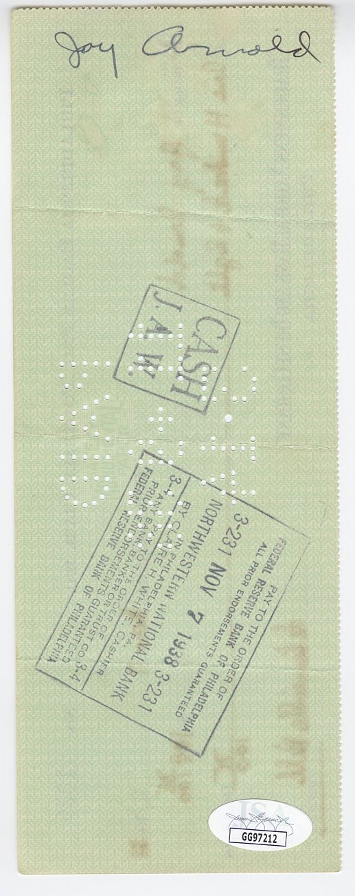 Bert Bell D.1959 FB HOF signed Eagles payroll check to Jay Arnold D. 1982