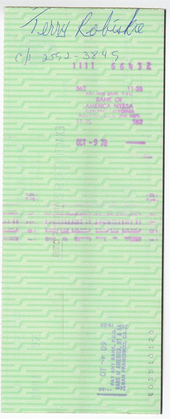 Terry Robiskie Signed AUTO 1978 Oakland Raiders payroll Check