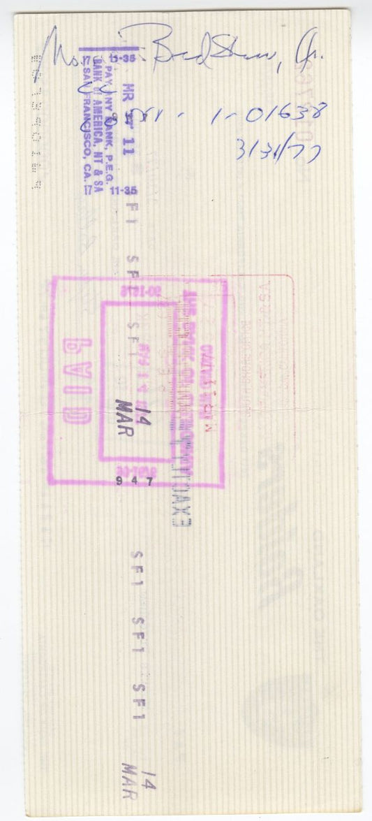 Morris Bradshaw Signed AUTO 1977 Oakland Raiders payroll Check