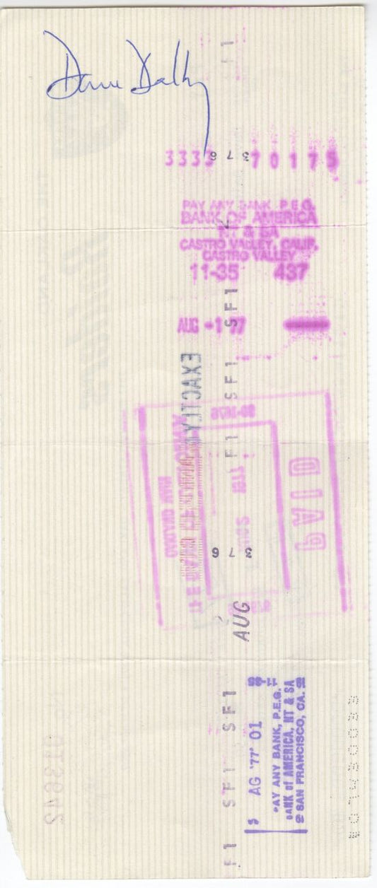 Dave Dalby (D. 2002) Signed Oakland Raiders Payroll Check From 1977