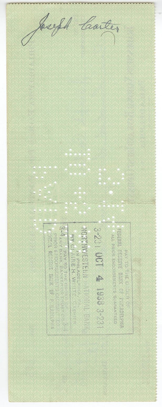 Bert Bell D.1959 FB HOF signed Eagles payroll check to Joe Carter D.1991