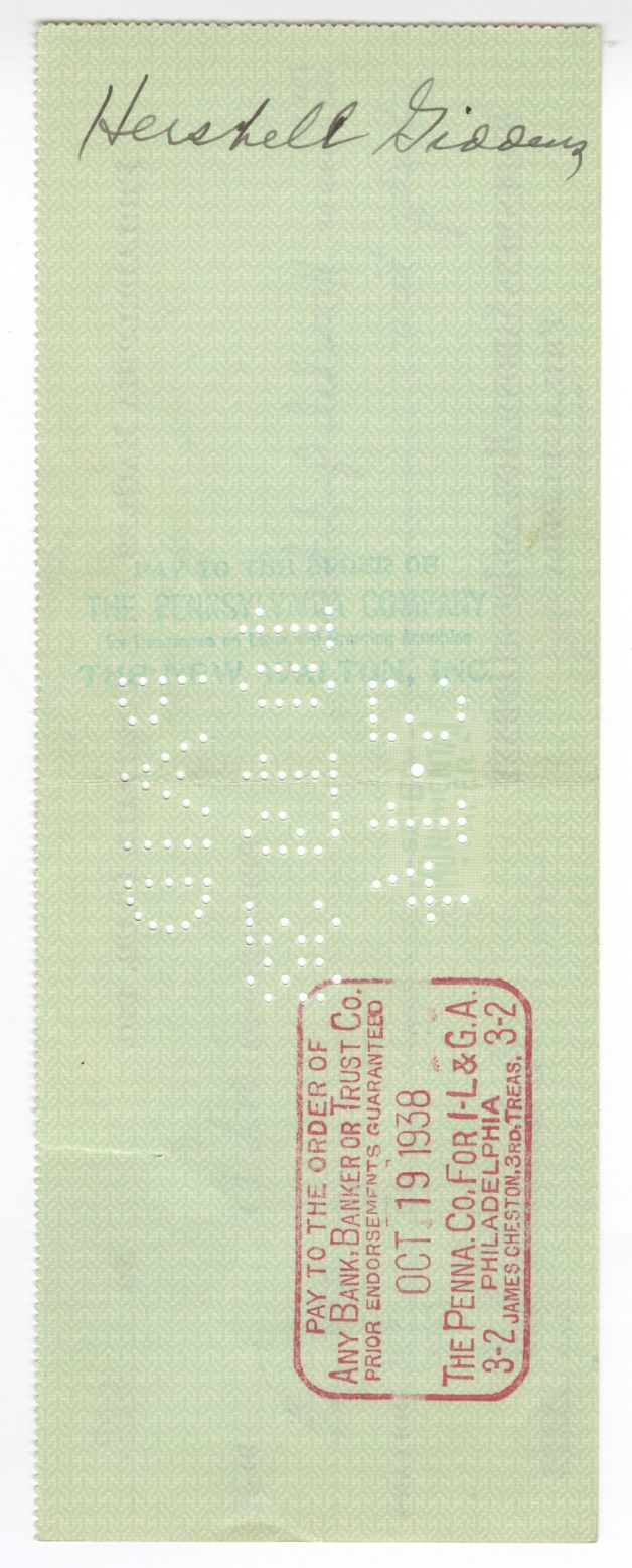 Bert Bell D.1959 FB HOF signed Eagles payroll check to Herschel Wimpy Giddens D.59