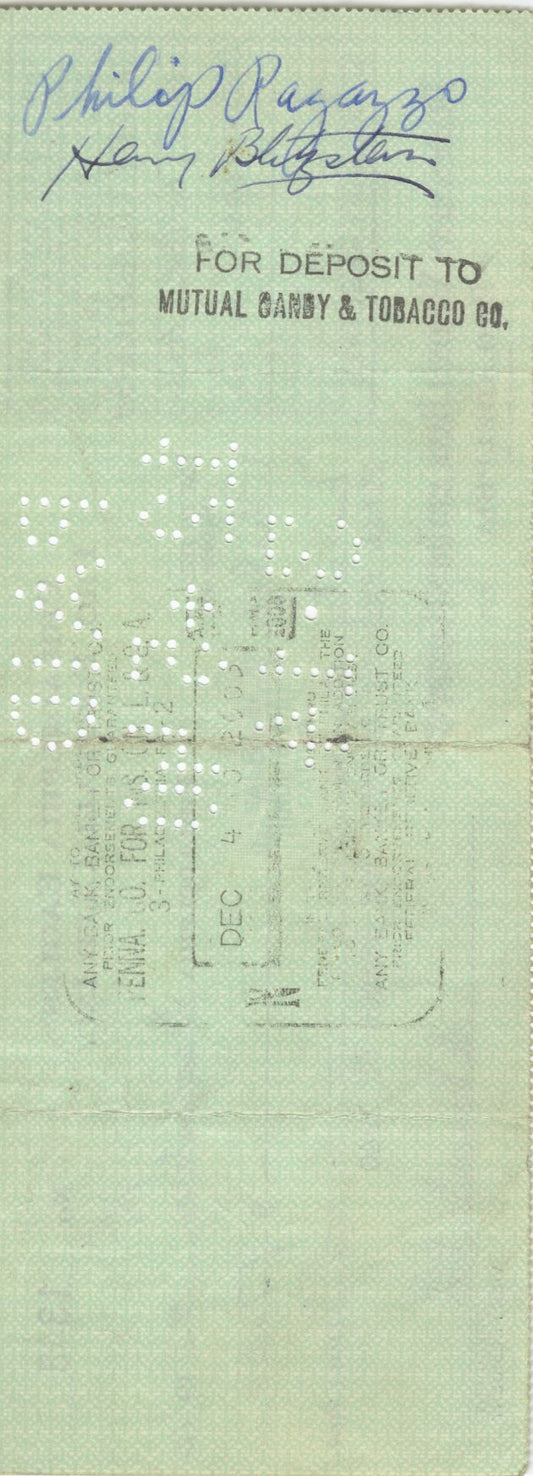 Bert Bell D.1959 FB HOF signed Eagles payroll check to Phil Ragazzo