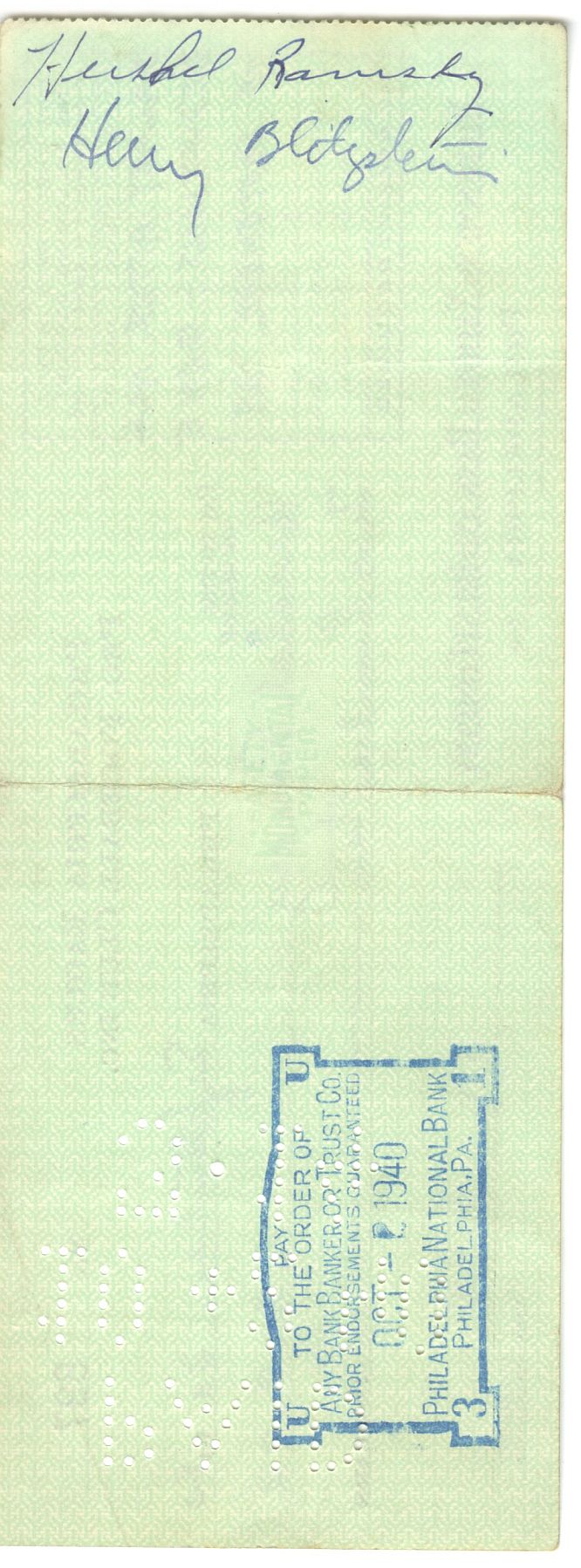 Bert Bell D.1959 FB HOF signed Eagles payroll check to Herschel Red Ramsey