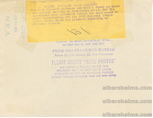 1933 Pittsburgh Pirates Pitchers at Spring Training with Waite Hoyt Original TYPE 1 Photo