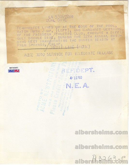 1940 Synchronized Diving Marjorie Gestring Ruth Jump Palm Springs Original TYPE 1 Photo PSA/DNA LOA