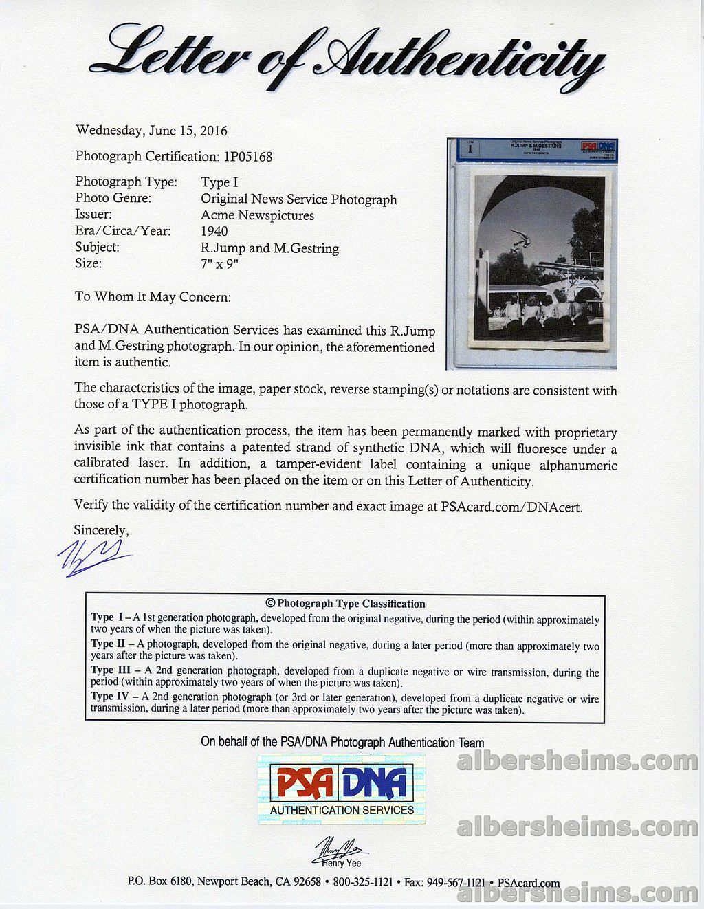 1940 Synchronized Diving Marjorie Gestring Ruth Jump Palm Springs Original TYPE 1 Photo PSA/DNA LOA