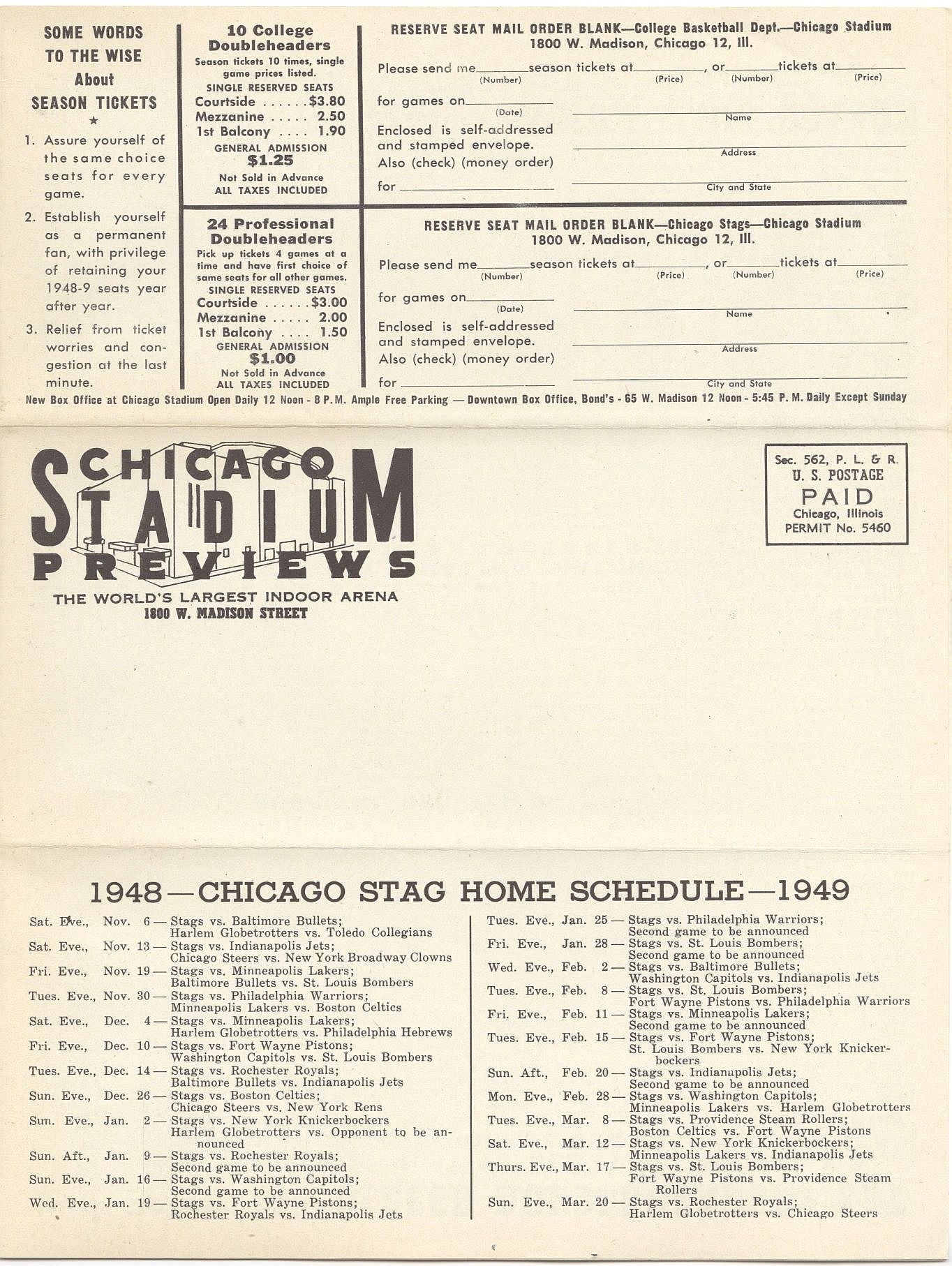 1948 Chicago Stadium Review Newsletter Volume 1 No. 2 - Stags Basketball BAA Schedule