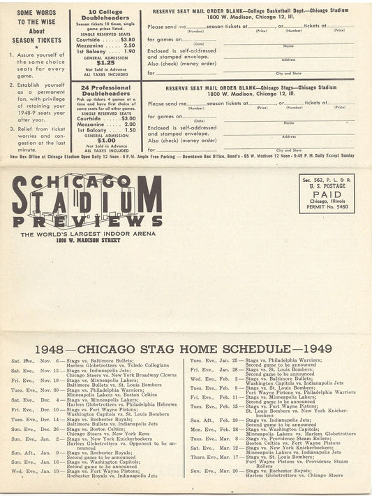 1948 Chicago Stadium Review Newsletter Volume 1 No. 2 - Stags Basketball BAA Schedule
