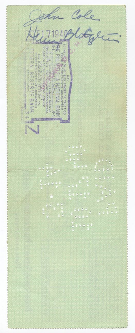 Bert Bell D.1959 FB HOF signed Eagles payroll check to John Cole D. 1973