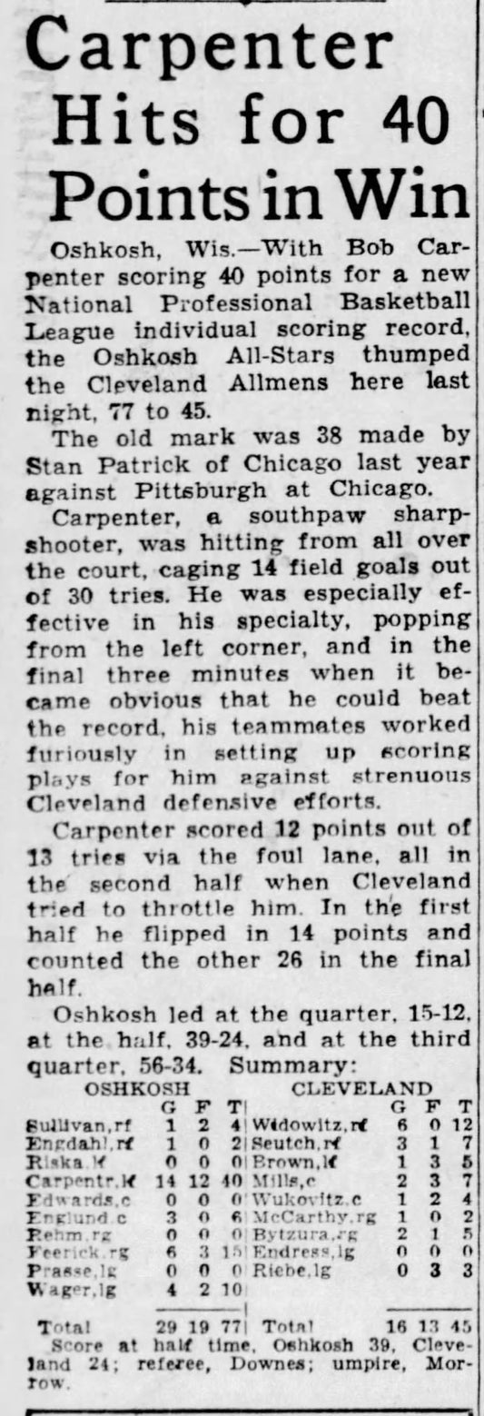 1946 Oshkosh All Stars vs Cleveland Allmen Transfers Scorecard Program - Bob Carpenter Sets Single Game Scoring Record