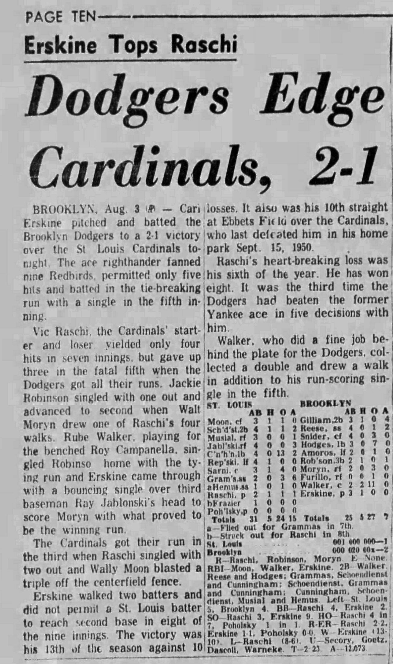 1954 Brooklyn Dodgers vs Cardinals 8/3 Ticket stub - Jackie Robinson 1 for 2 PSA 5 Pop 2