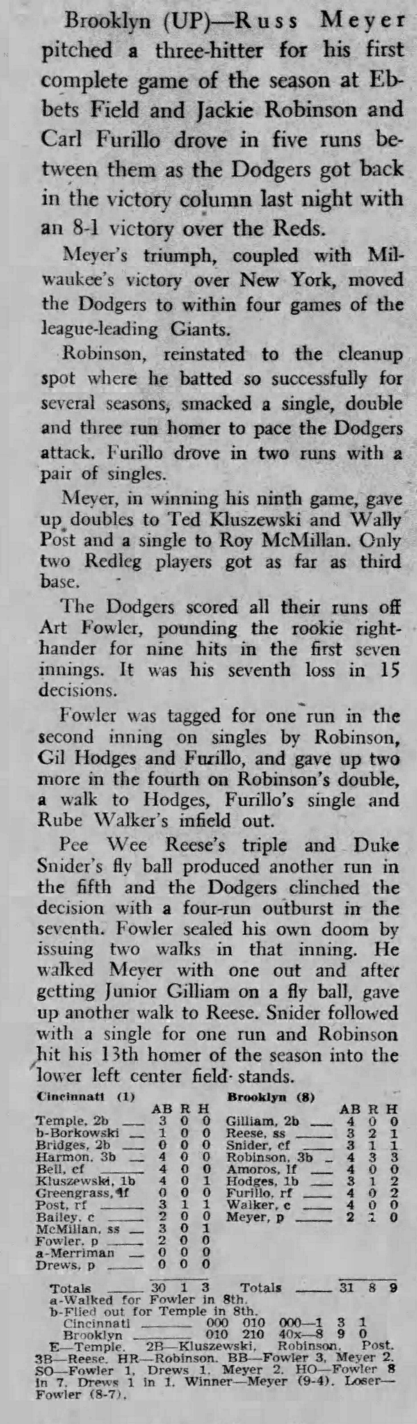 1954 Brooklyn Dodgers vs Reds 8/6 - Jackie Robinson 3 for 4, 3 RBI HR #117 PSA 5 Pop 1