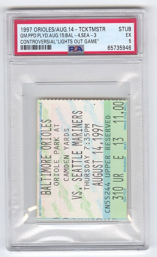 1997 Cal Ripken Jr. "Lights Out Game" Orioles vs. Mariners 8/14 Ticket Stub PSA 5