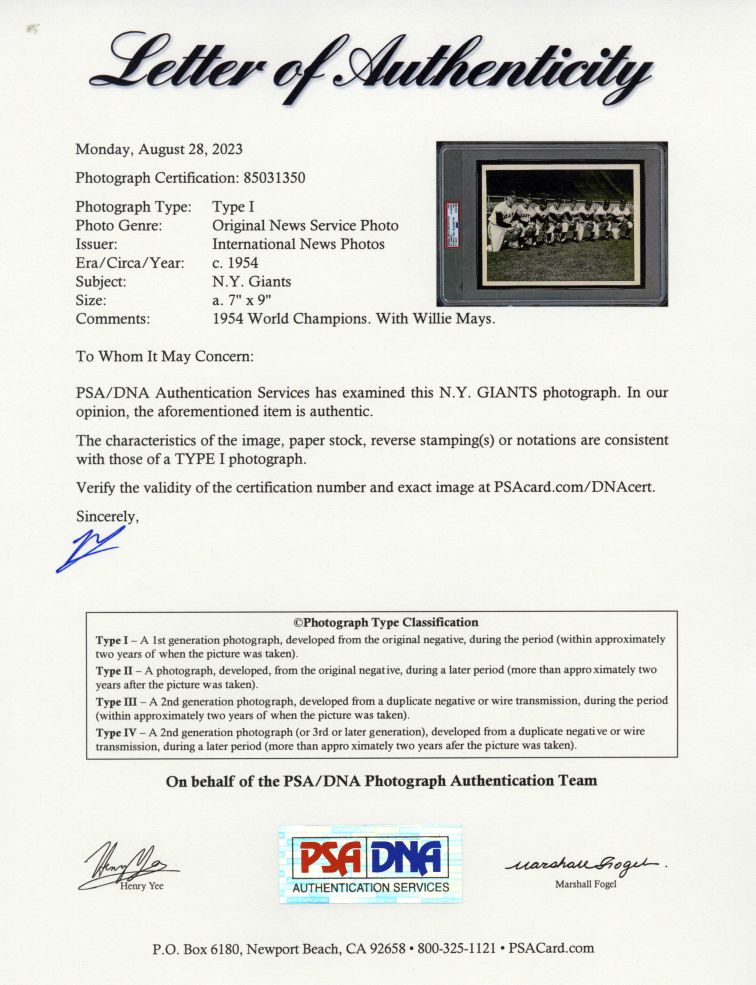 1954 NL Champions - NY Giants Open World Series with Willie Mays Original TYPE 1 Photo PSA/DNA LOA