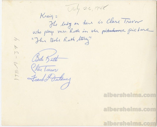 July 1948 Babe Ruth - Actress Claire Trevor & Nurse Frank Dulaney Original TYPE 1 photo