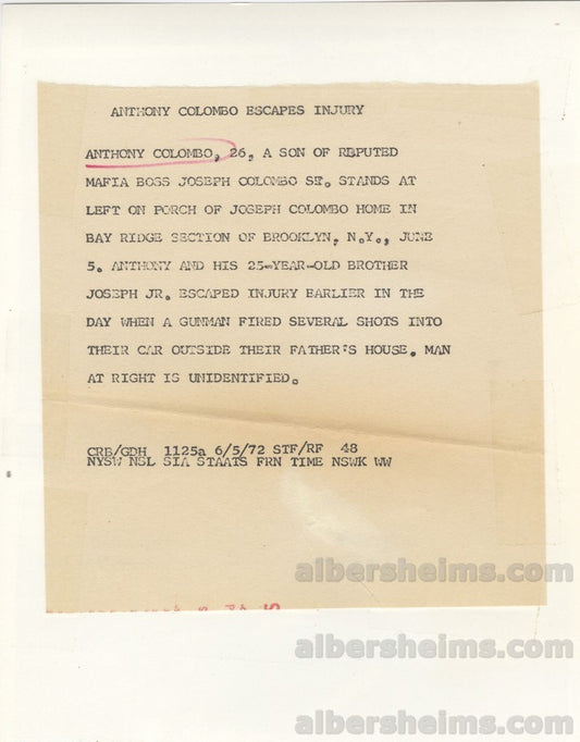 1972 Original Press Photo of Mobster Anthony Colombo Under Surveillance in Brooklyn
