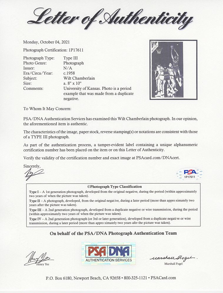 Wilt Chamberlain Shoots at the University of Kansas Basketball Circa 1958 TYPE 3 Original Press Photo PSA/DNA LOA