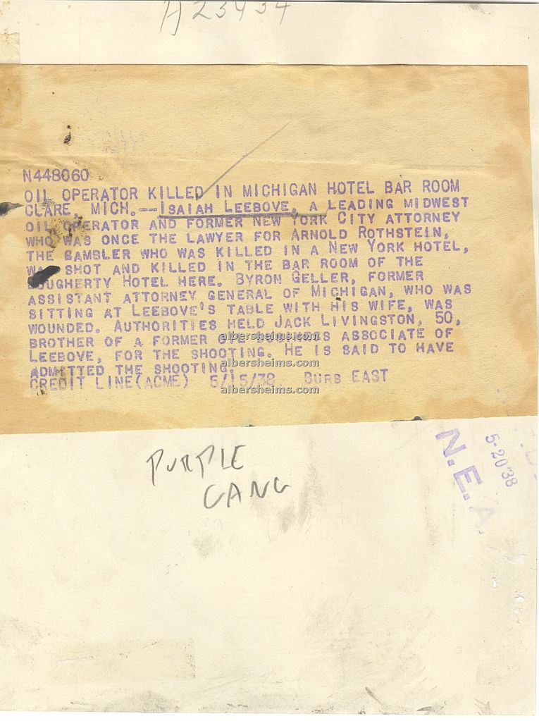 Mob Lawyer Isaiah Leebove for Mobster Arnold Rothstein & Purple Gang Ties Original 1938 Press Photo