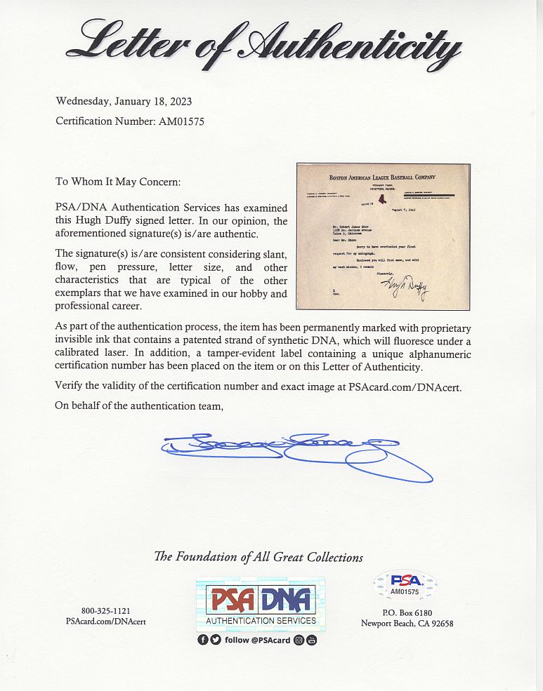 Hugh Duffy AUTO signed letter Baseball HOF D.1954 PSA/DNA LOA