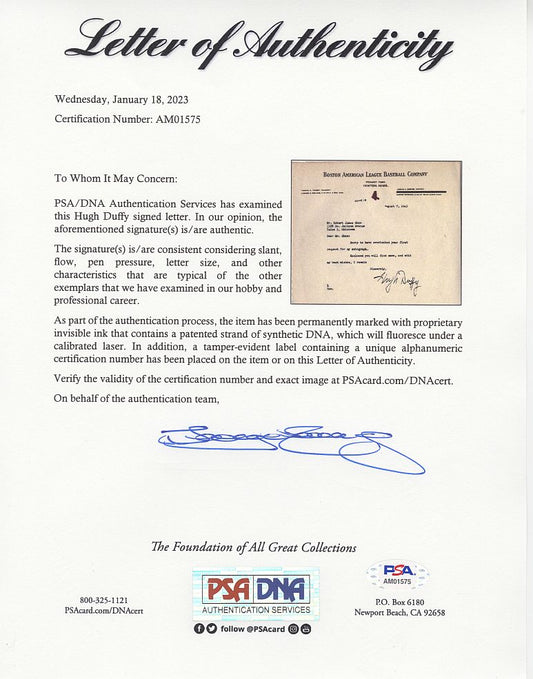 Hugh Duffy AUTO signed letter Baseball HOF D.1954 PSA/DNA LOA