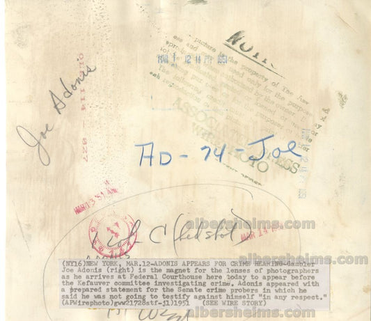 Mob Mafia Boss Joe Adonis Testifies at 1951 Kefauver Investigation Original Press Photo