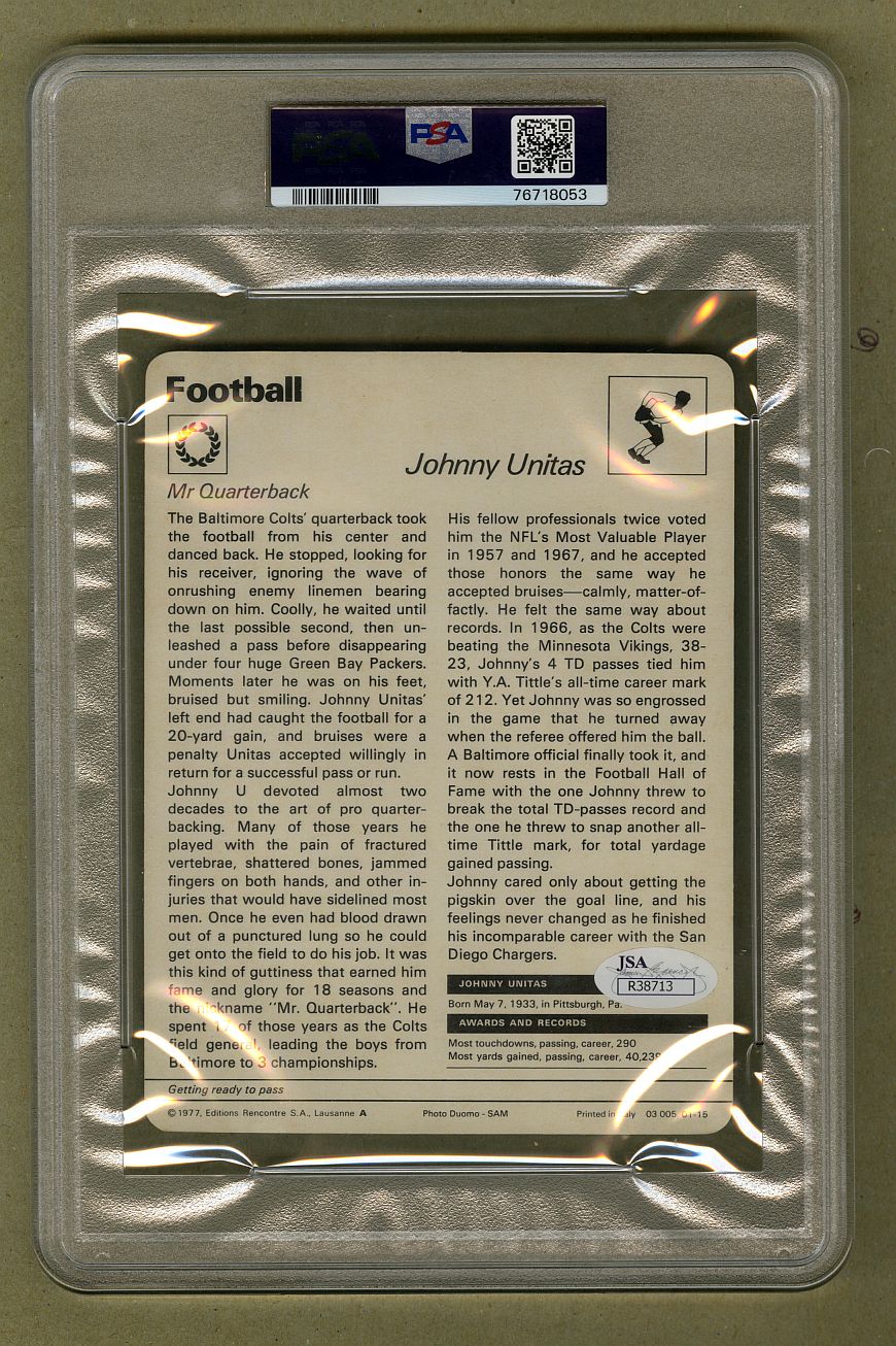 Johnny Unitas Signed AUTO 1977-79 Sportscaster Italy #01-15 PSA/DNA Pop 1
