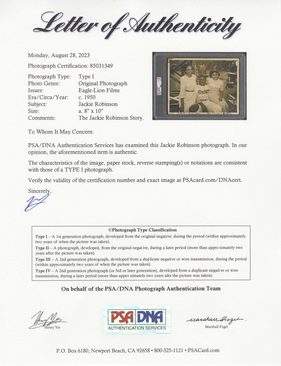 Jackie Robinson in Dodgers Uniform With Sister Willa Mae & Niece Original 1950 TYPE 1 Photo PSA/DNA LOA