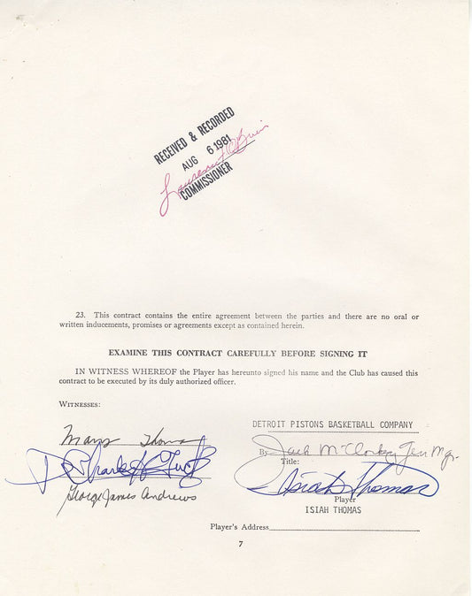 1981 Isiah Thomas Signed Detroit Pistons Official NBA Rookie Contract /w NBA Draft Declaration Letter