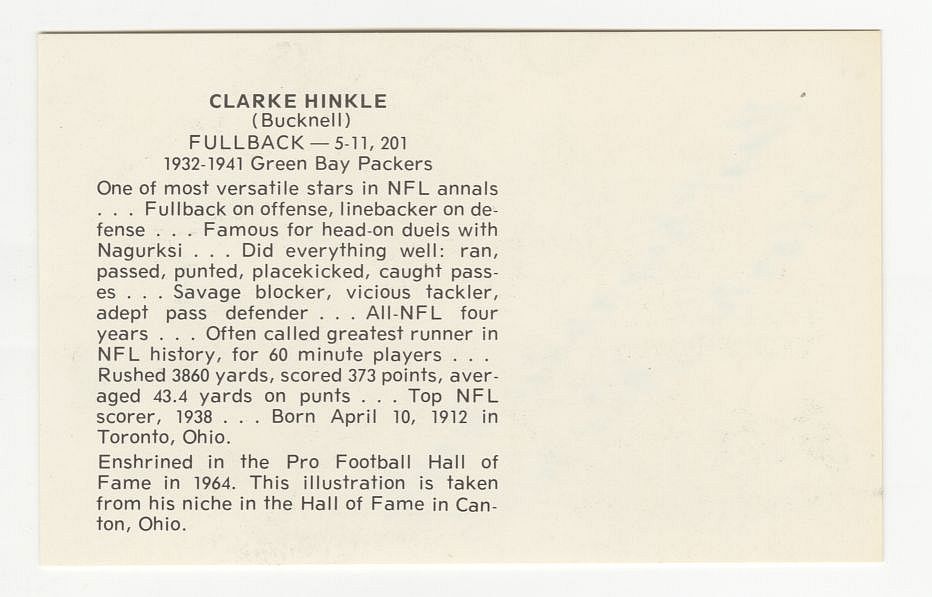 Clarke Hinkle Signed AUTO Pro Football Hall of Fame Postcard Green Bay Packers