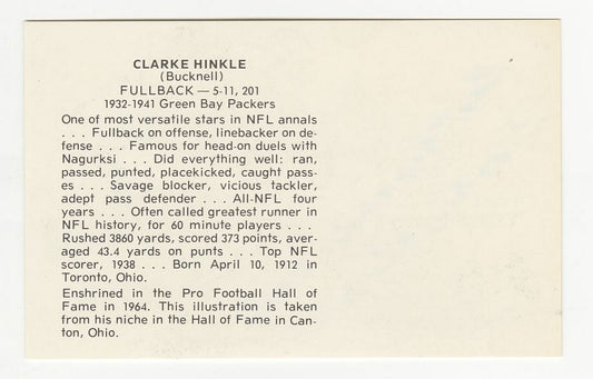 Clarke Hinkle Signed AUTO Pro Football Hall of Fame Postcard Green Bay Packers