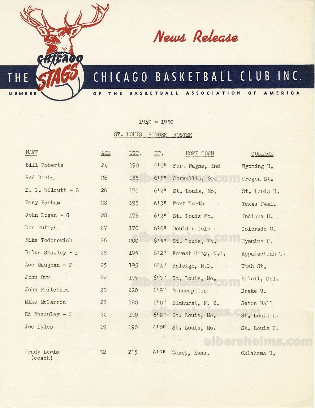 1949-1950 Chicago Stags Press News Release - Letterhead - 1st Year NBA St. Louis Bombers Roster