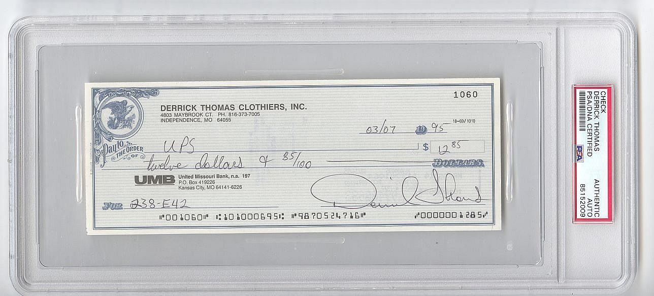 Derrick Thomas Signed AUTO Personal Check - KC Chiefs Football HOF PSA/DNA